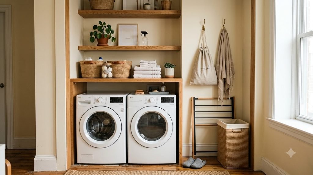 Compact apartment laundry area with shelves, slim hamper and foldable drying rack