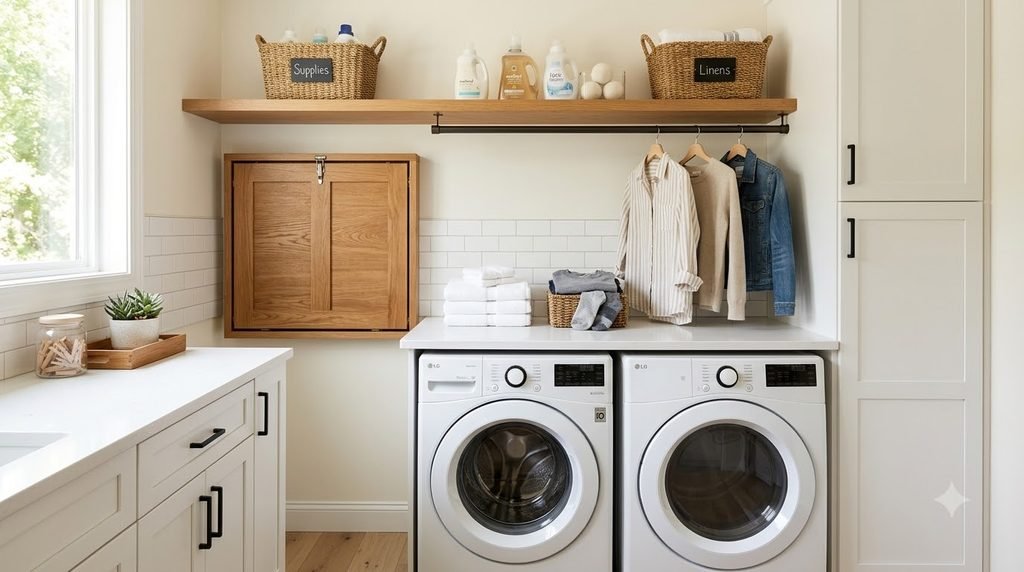 Fold-down laundry folding station above a washer in a small laundry room