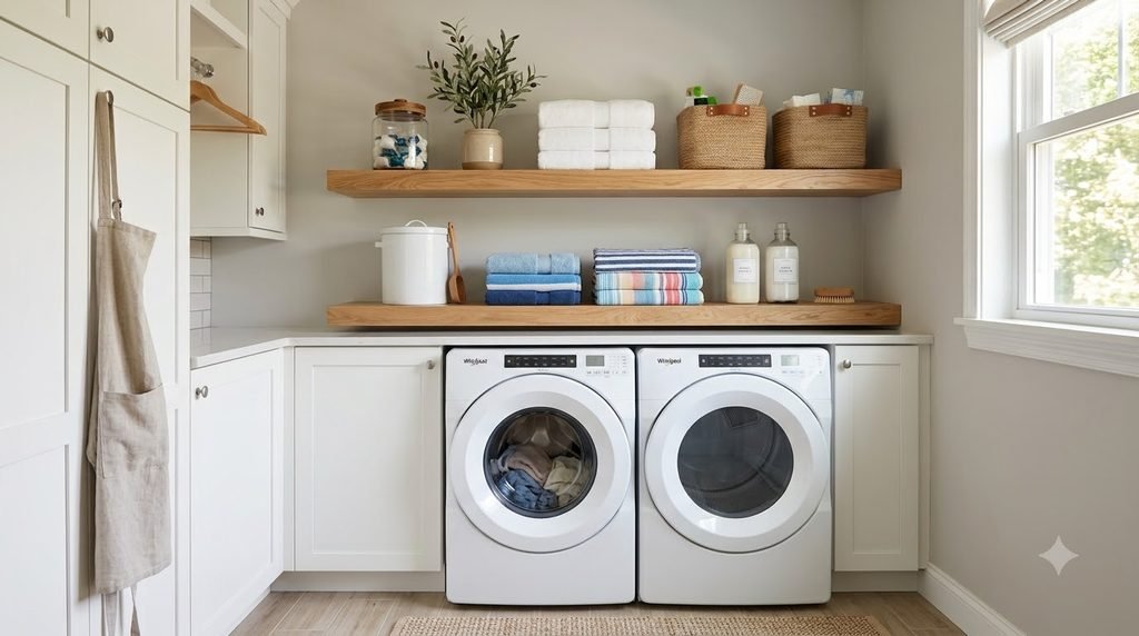 Vertical laundry room storage with shelves above washer and dryer
