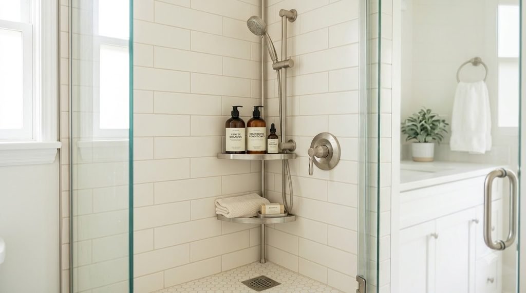 Organized small bathroom shower with corner caddy and neatly arranged essential products