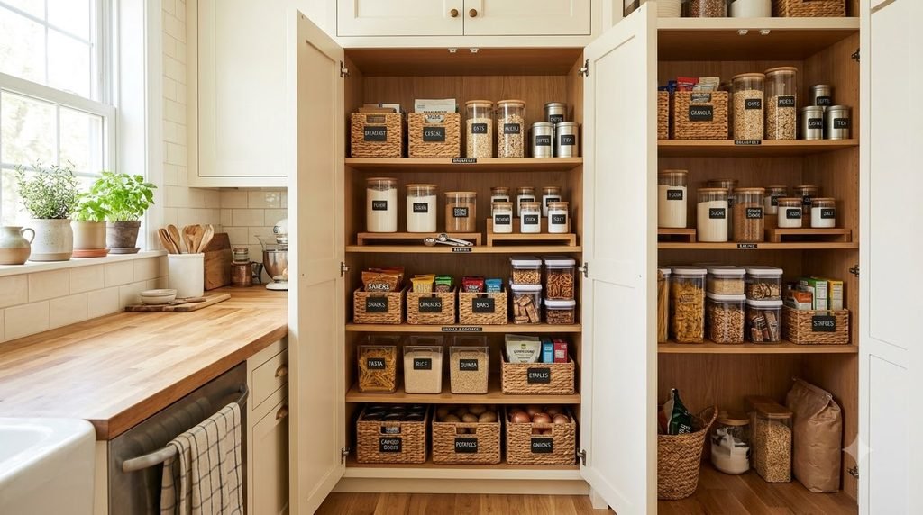 Small kitchen pantry zone with labeled baskets, containers and shelf risers