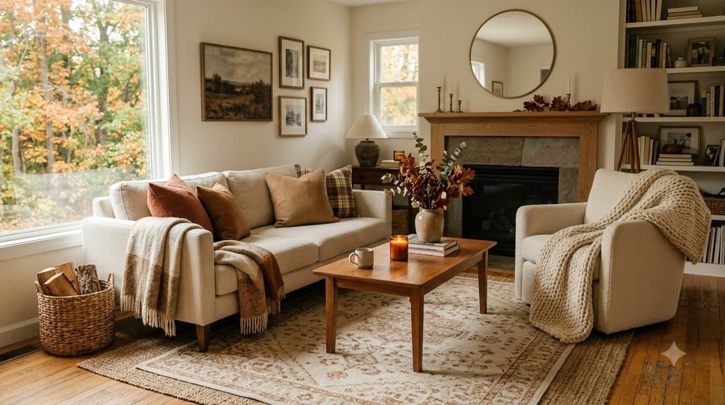 cozy fall living room with warm throw blankets and textured pillows