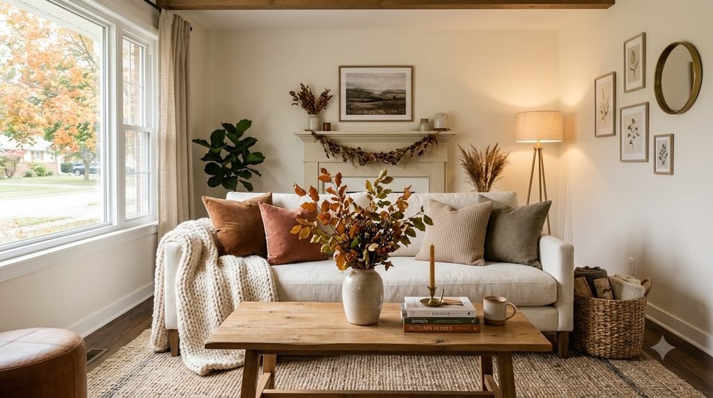 cozy fall home decor with warm neutral colors, textured blankets and natural autumn accents
