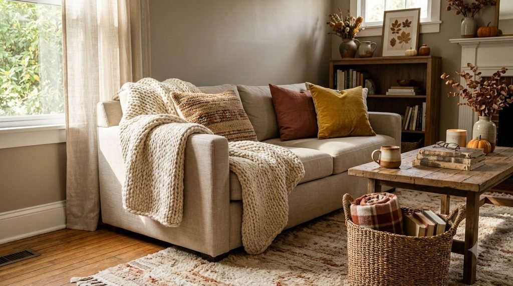 layered fall home decor with knitted blankets woven baskets pillows and soft rugs