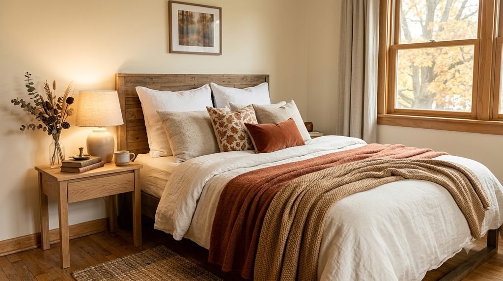 cozy fall bedroom with layered neutral bedding textured throw and warm lighting