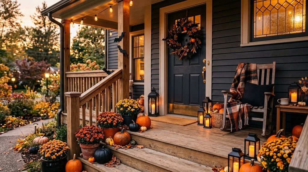 Cozy fall porch transitioning into Halloween with pumpkins and subtle spooky accents