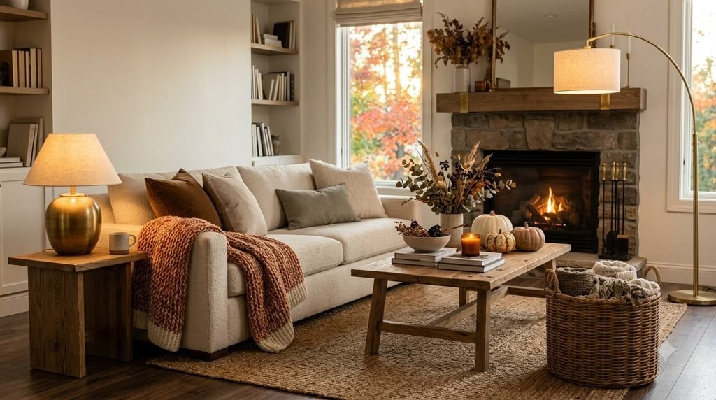Cozy fall living room with warm lighting, textured blankets, woven basket and subtle autumn decor
