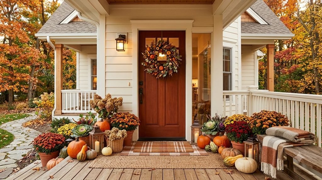 Cozy fall front porch decorated with pumpkins, mums, wreath and warm lanterns