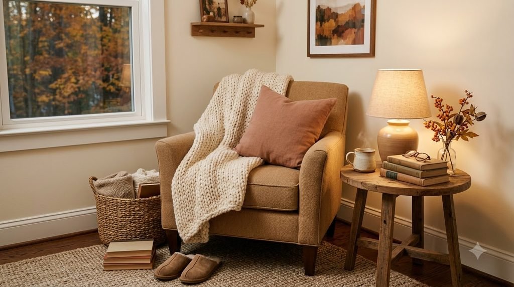 cozy fall reading corner with chair blanket warm lamp books and autumn decor