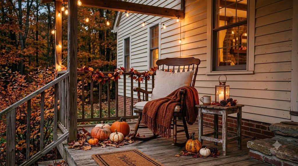 Cozy fall porch seating area with rocking chair, throw blanket and lantern