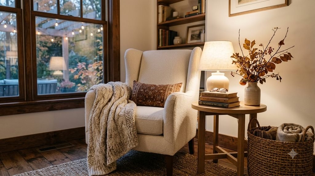 Cozy fall reading corner with armchair, knitted throw, woven basket, books and warm lighting