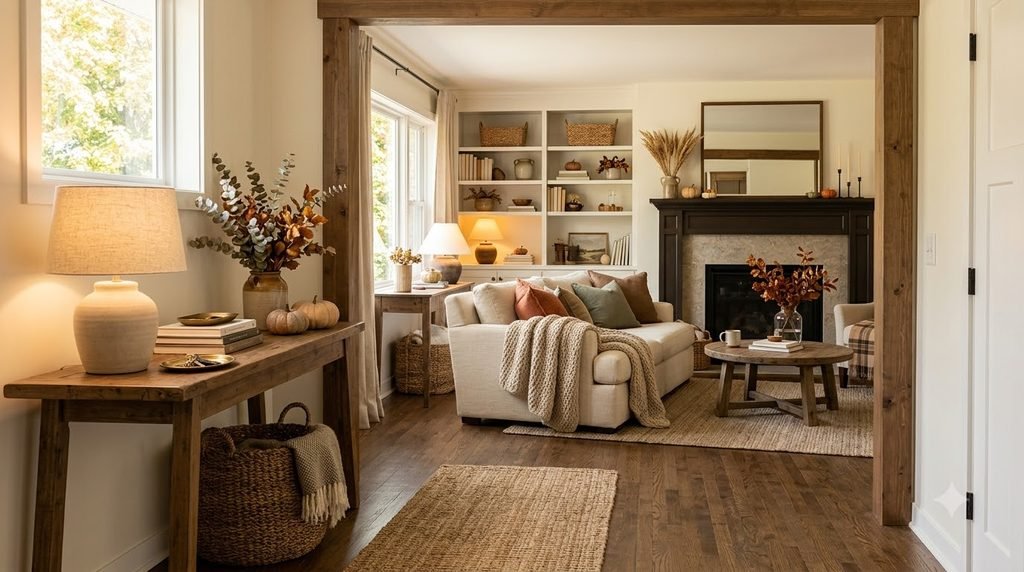 Cozy American home organized and refreshed for fall with warm textures and subtle seasonal decor