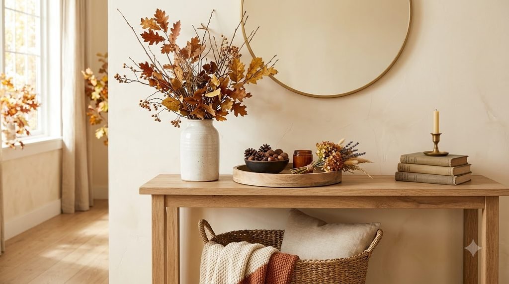 natural fall decor with dried branches pinecones woven basket and wood accents
