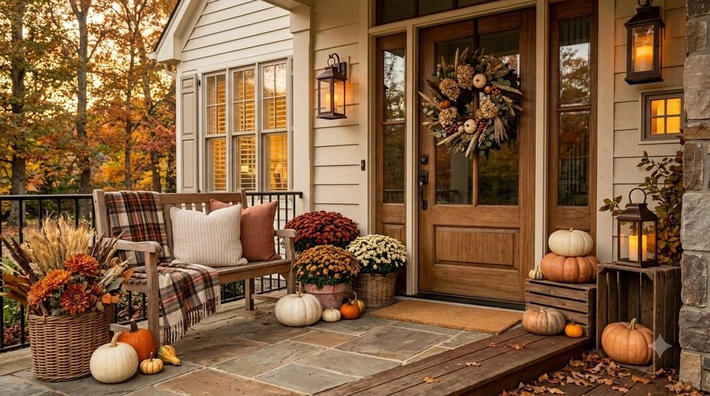 Timeless fall porch decor with pumpkins, mums, lanterns and natural textures for Thanksgiving