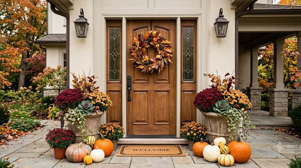 Fall front door with autumn wreath, mums and pumpkins in large planters