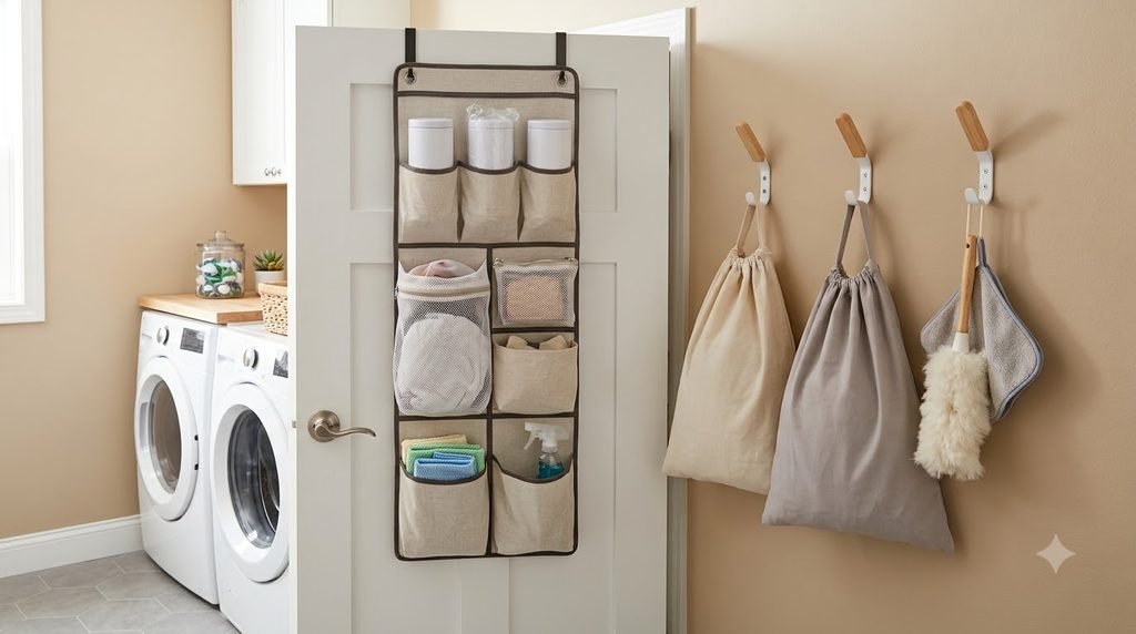 Laundry room door organizer with cleaning supplies, laundry bags and hooks