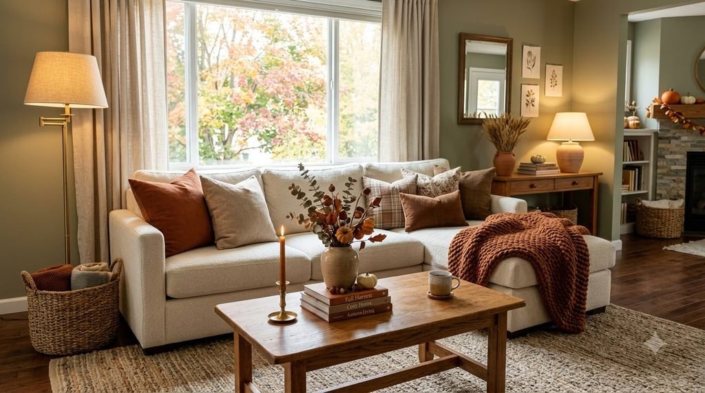 cozy fall living room with cream sofa rust pillows warm lighting and textured decor