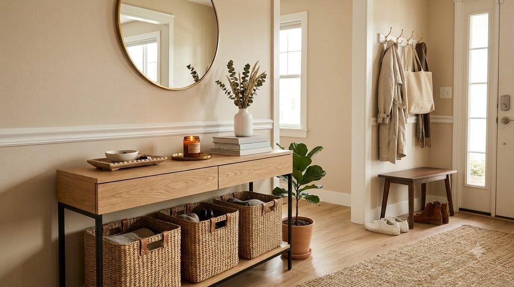 small entryway using vertical storage with shelves hooks and baskets