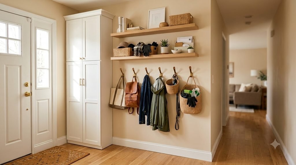 entryway key and mail station with organizer tray and wall storage