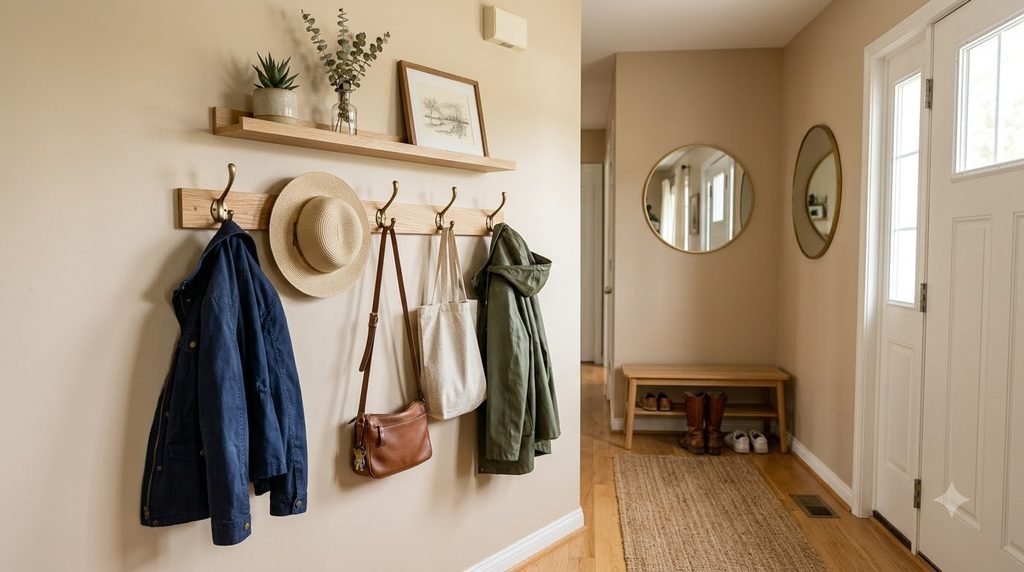 entryway wall hooks organizing jackets bags hats and shopping totes