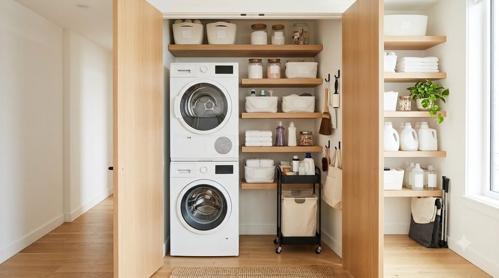 Small laundry closet with stacked washer dryer and vertical storage solutions