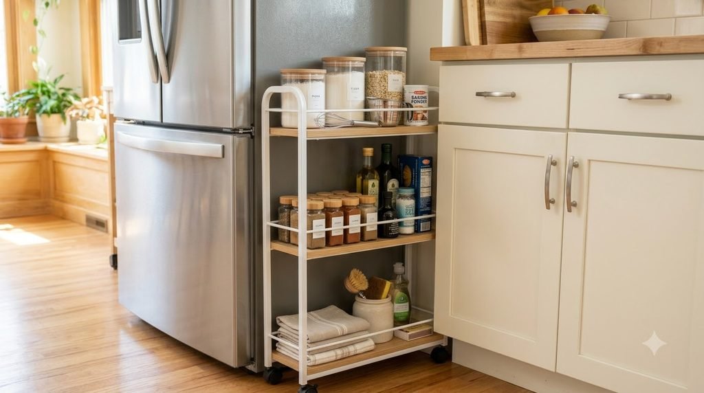 Slim rolling cart storing pantry supplies in a narrow kitchen gap