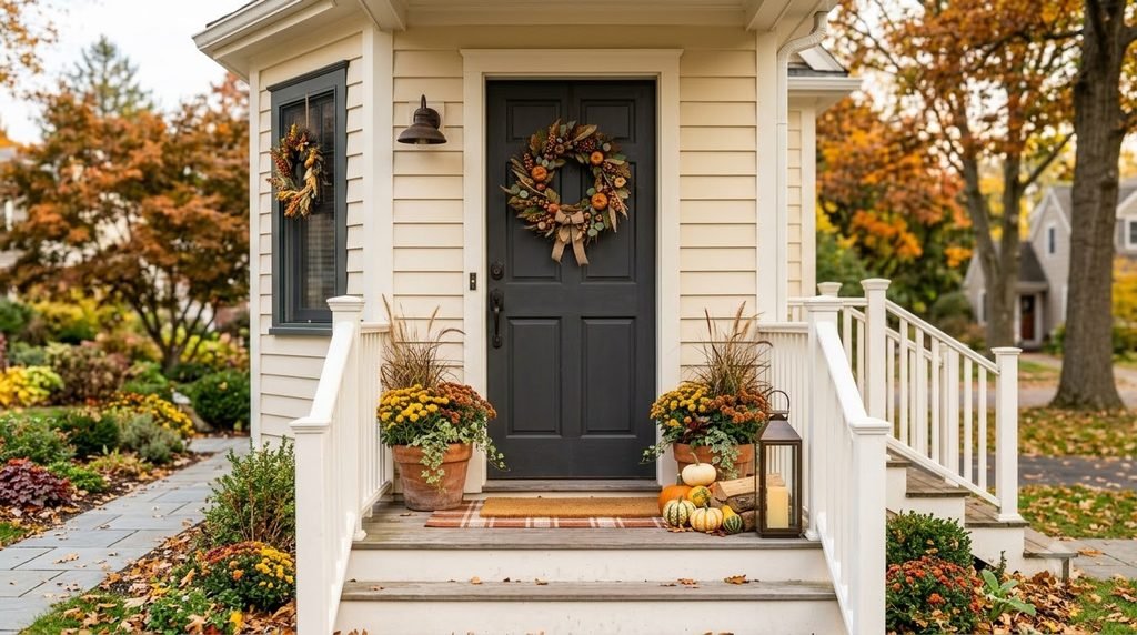 Small front porch decorated for fall with pumpkins, mums and a wreath