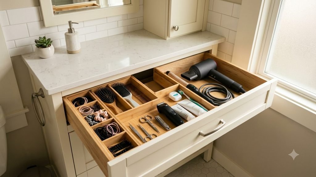 Organized bathroom vanity drawer with dividers for hair tools and personal care accessories