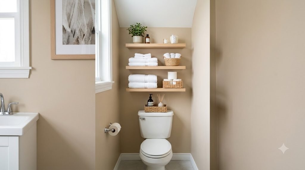 bathroom shelves above toilet with towels baskets and storage