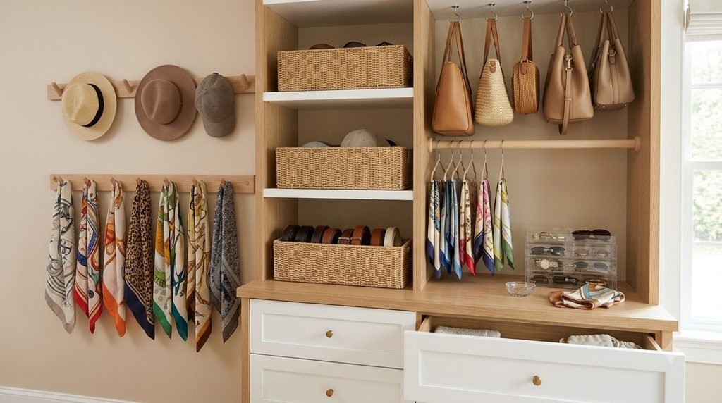 organized closet accessories zone with handbags scarves belts and hats