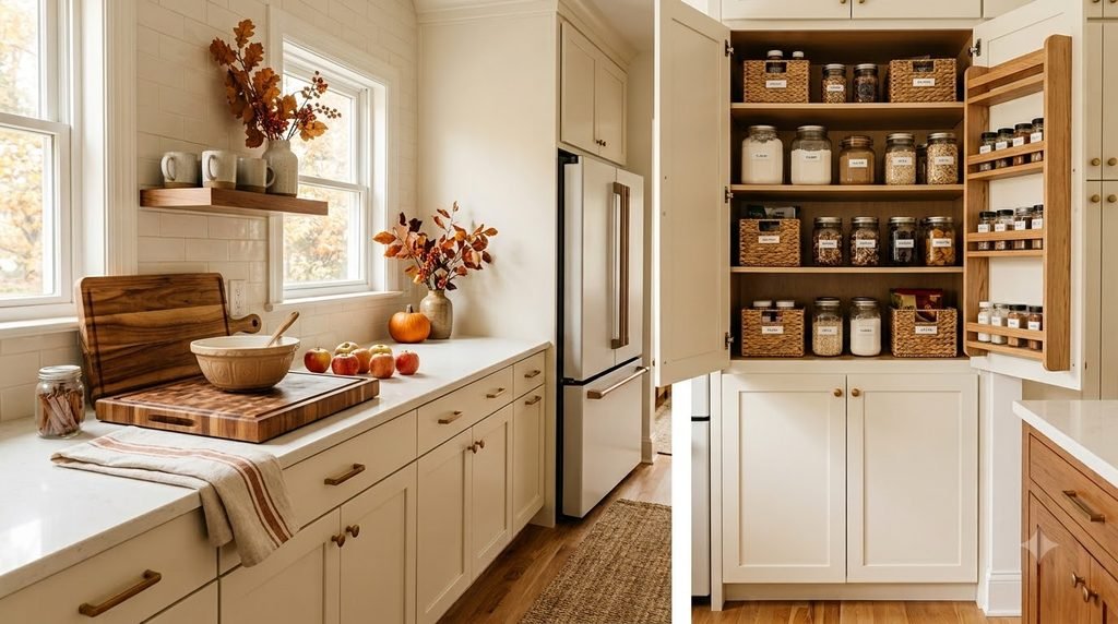 Organized fall kitchen with clean counters, pantry storage and baking supplies