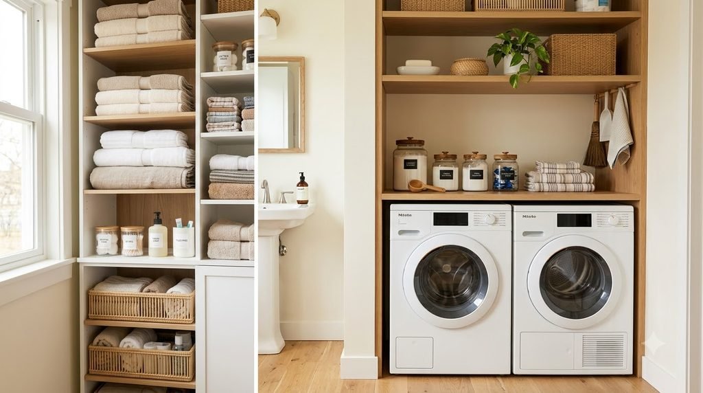 Organized bathroom and laundry storage with labeled containers, towels and household supplies