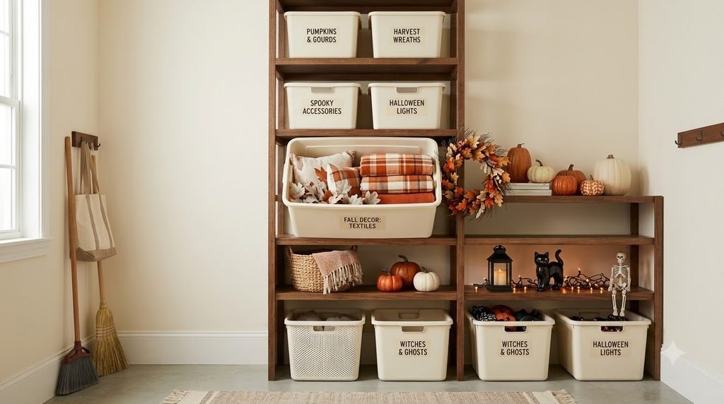Organized seasonal storage with separate fall and Halloween decorations in labeled bins