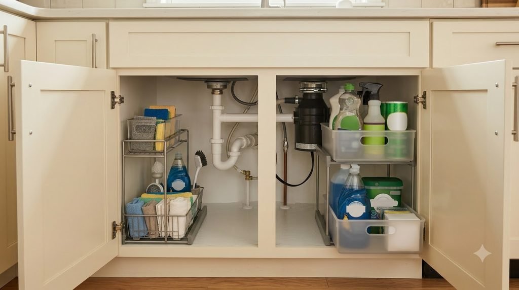 Organized under-sink kitchen cabinet with cleaning supplies and storage bins
