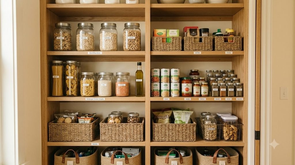 Small pantry divided into breakfast, baking, dinner and snack organization zones