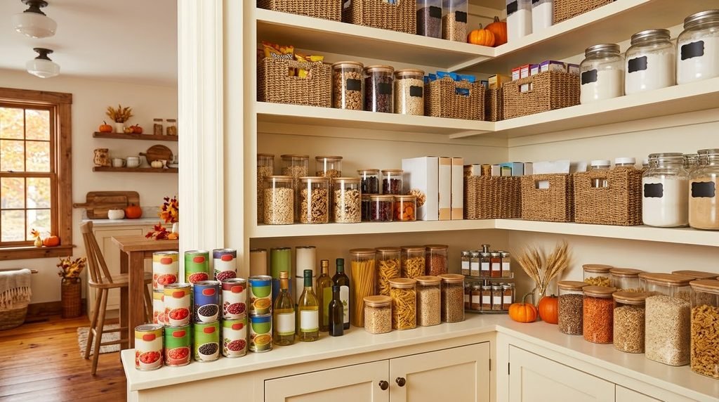 Fall pantry organized into breakfast foods and soup and dinner staple zones