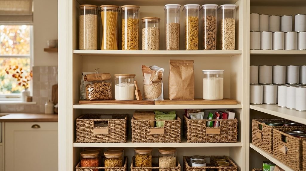 Pantry with a use-first area for opened ingredients and separate backstock storage
