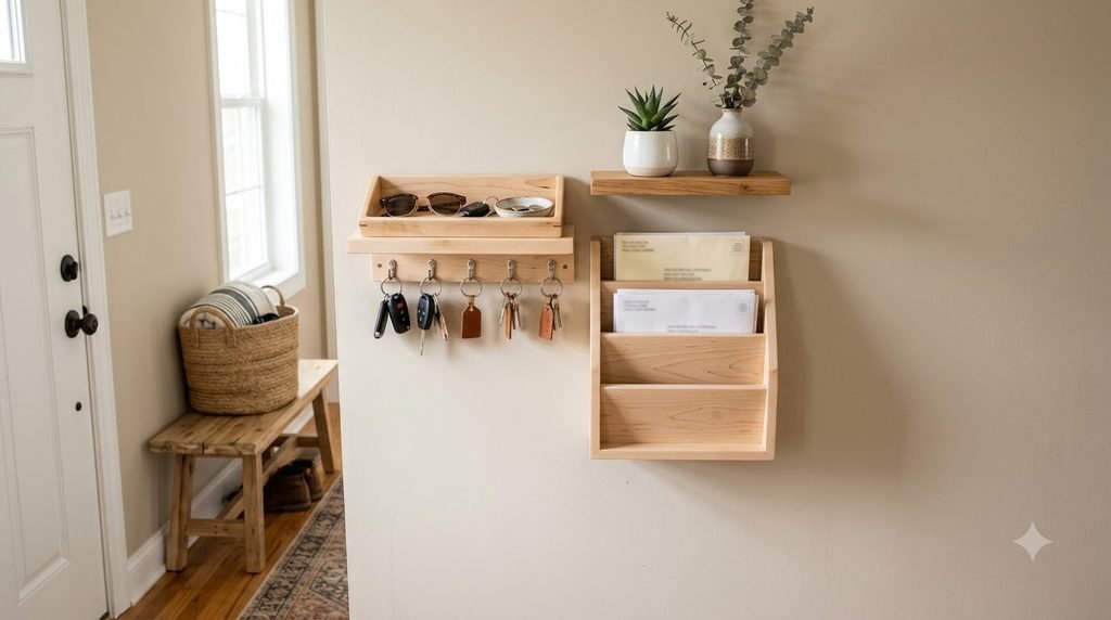 entryway storage bench with baskets shoes and wall hooks