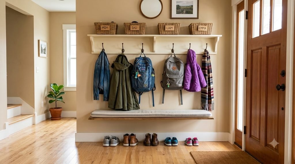 entryway console table with storage baskets underneath and organized essentials