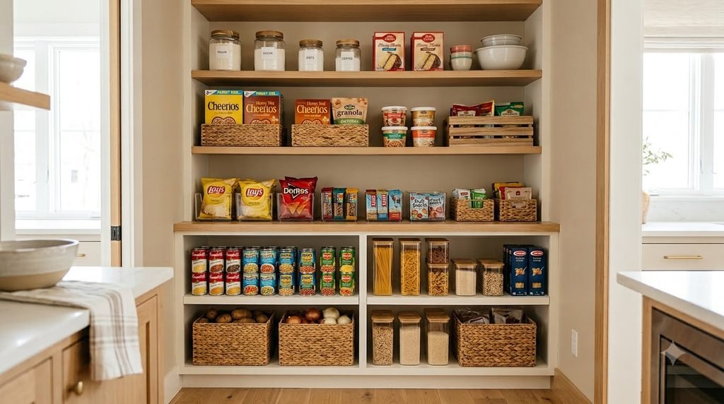 pantry organization ideas with organized shelves baskets and food storage containers