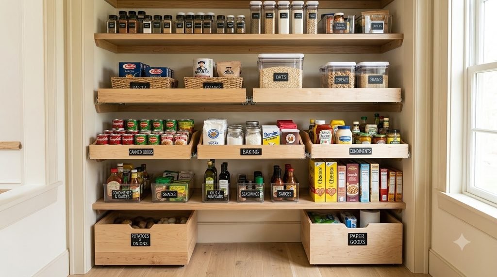 deep pantry organization with shallow baskets and accessible food storage