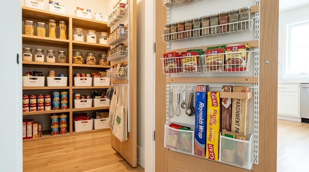 pantry door storage organizer holding spices packets wraps and small kitchen items