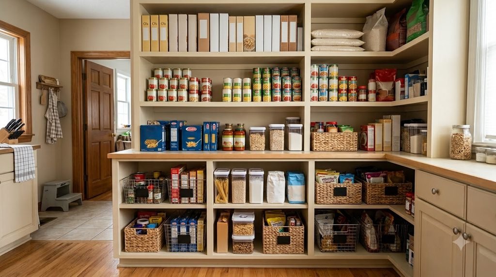 pantry backstock area with extra food supplies organized separately