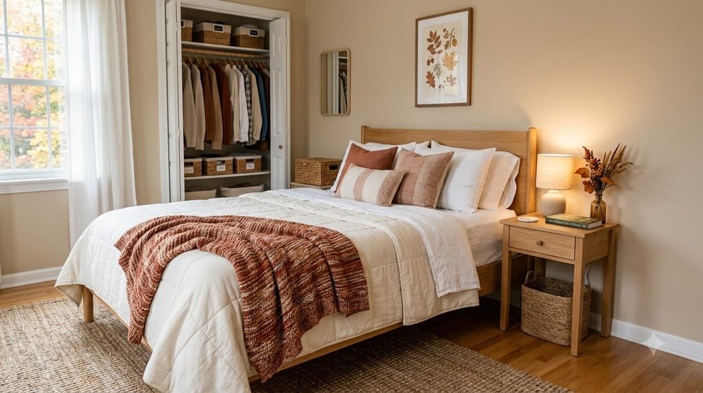 Calm fall bedroom with layered bedding, organized nightstand and uncluttered chair