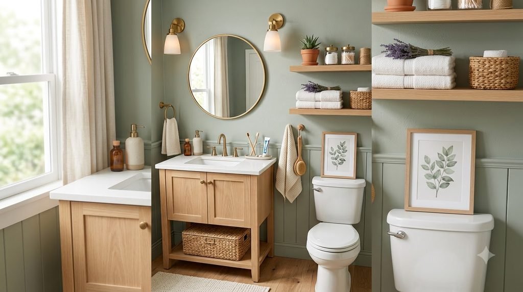 Small American bathroom with organized storage, clean vanity and neatly arranged toiletries