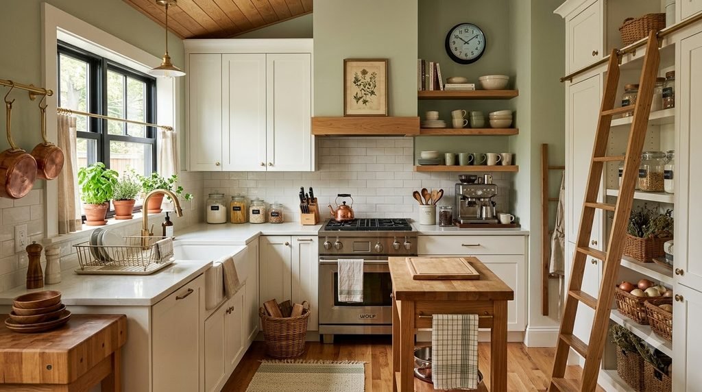 Small American kitchen with organized cabinets, clean counters and smart storage