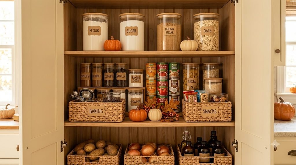 Organized small kitchen pantry with fall baking supplies, baskets and clear storage containers