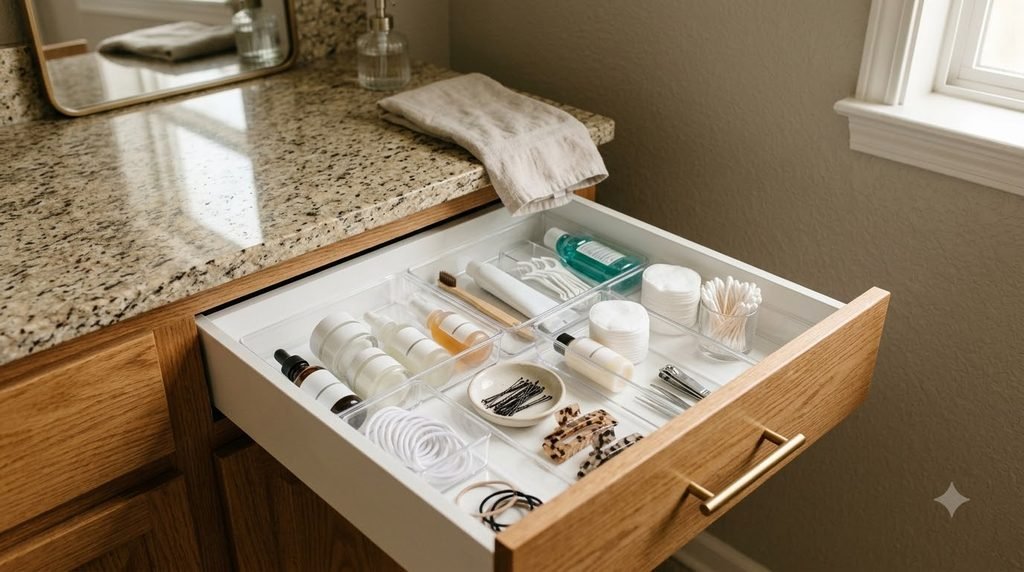 organized bathroom vanity drawer with skincare dental care and accessories