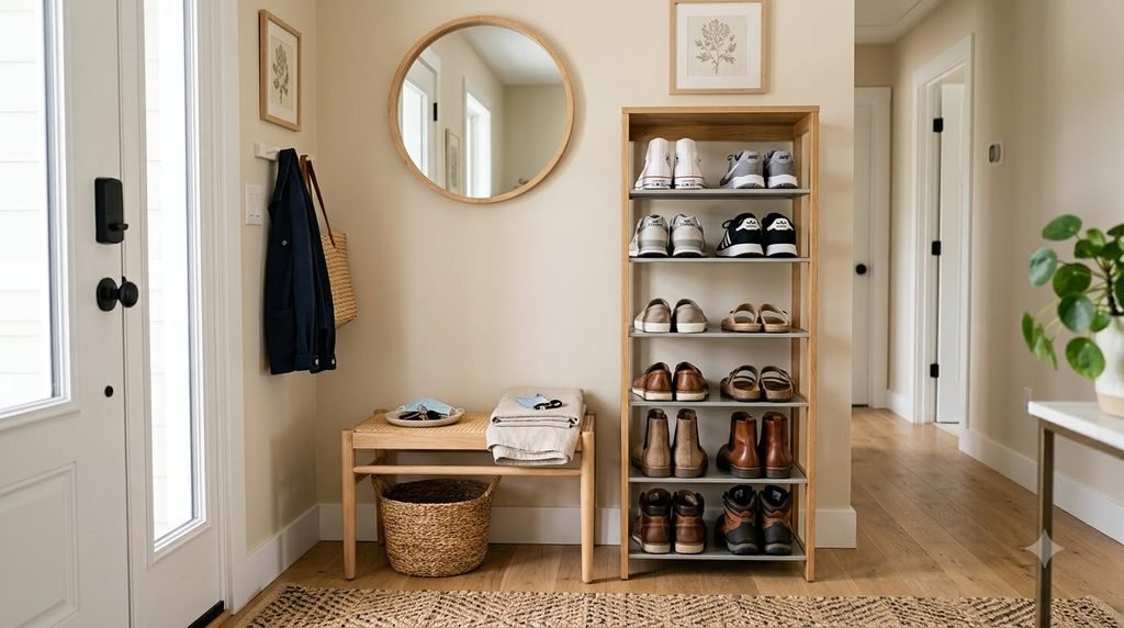 small entryway with slim shoe rack and neatly organized shoes