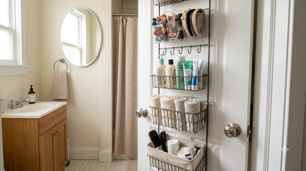Bathroom door with slim over-the-door organizer holding toiletries and small towels